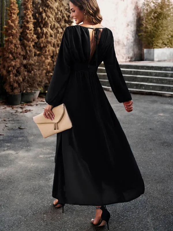 V-neck Long Sleeve Dress with Asymmetrical Hemline and Big Swing