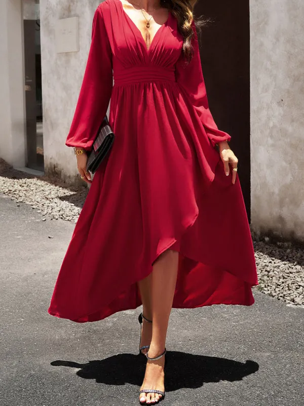 V-neck Long Sleeve Dress with Asymmetrical Hemline and Big Swing