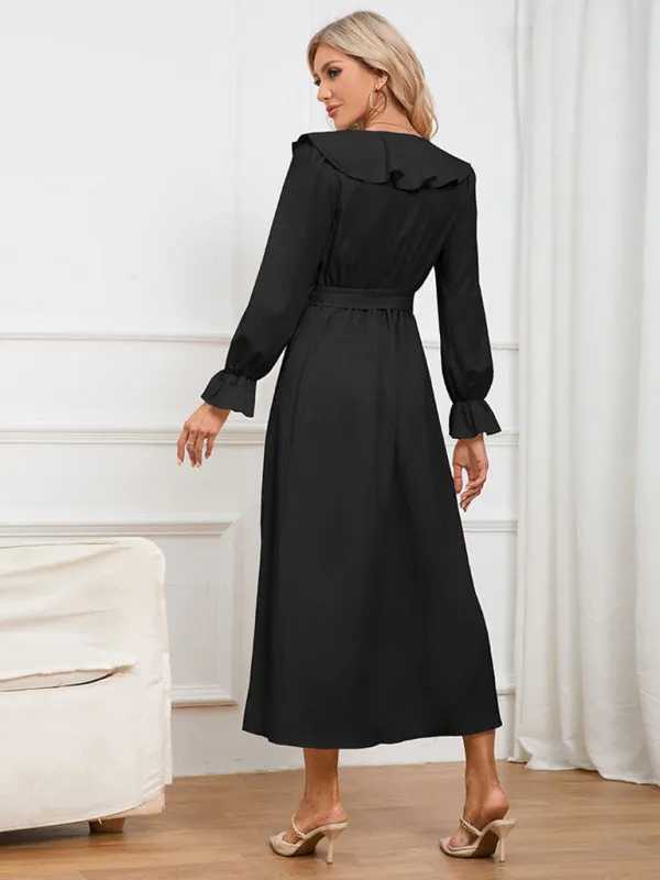 V-neck Wrap Dress with Ruffled Neckline and Asymmetrical Hem