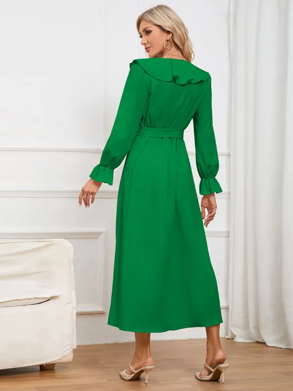V-neck Wrap Dress with Ruffled Neckline and Asymmetrical Hem