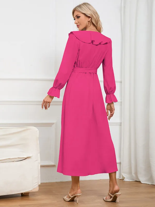 V-neck Wrap Dress with Ruffled Neckline and Asymmetrical Hem