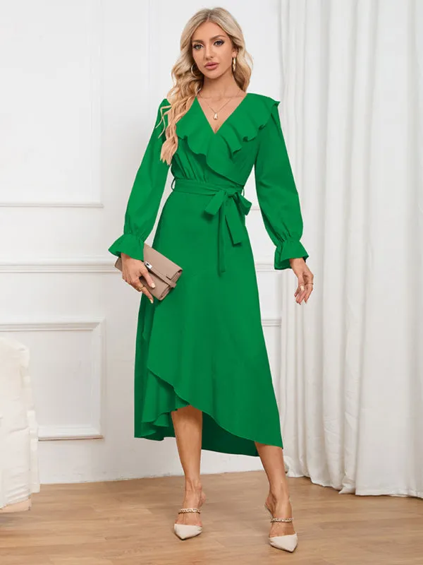 V-neck Wrap Dress with Ruffled Neckline and Asymmetrical Hem
