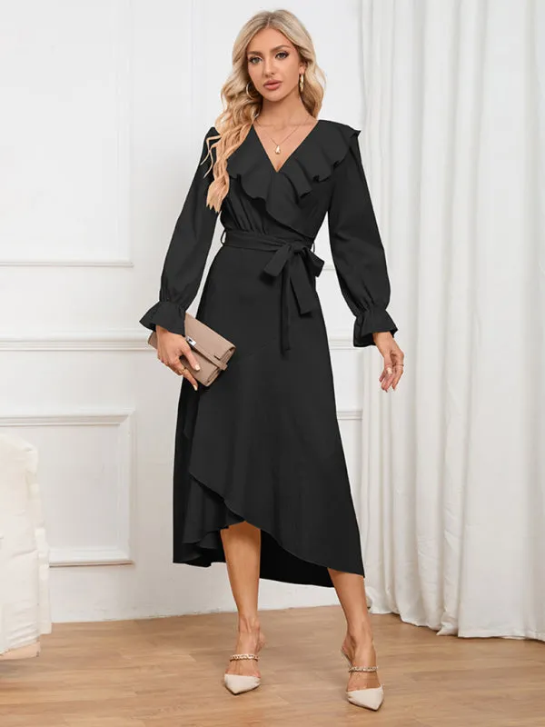 V-neck Wrap Dress with Ruffled Neckline and Asymmetrical Hem