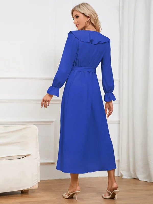 V-neck Wrap Dress with Ruffled Neckline and Asymmetrical Hem