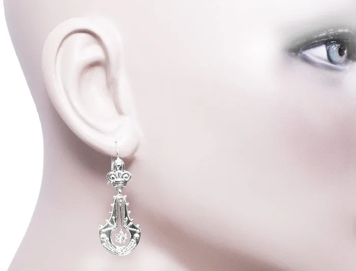 Victorian Double Dangle Drop Diamond Earrings in 14 Karat White Gold