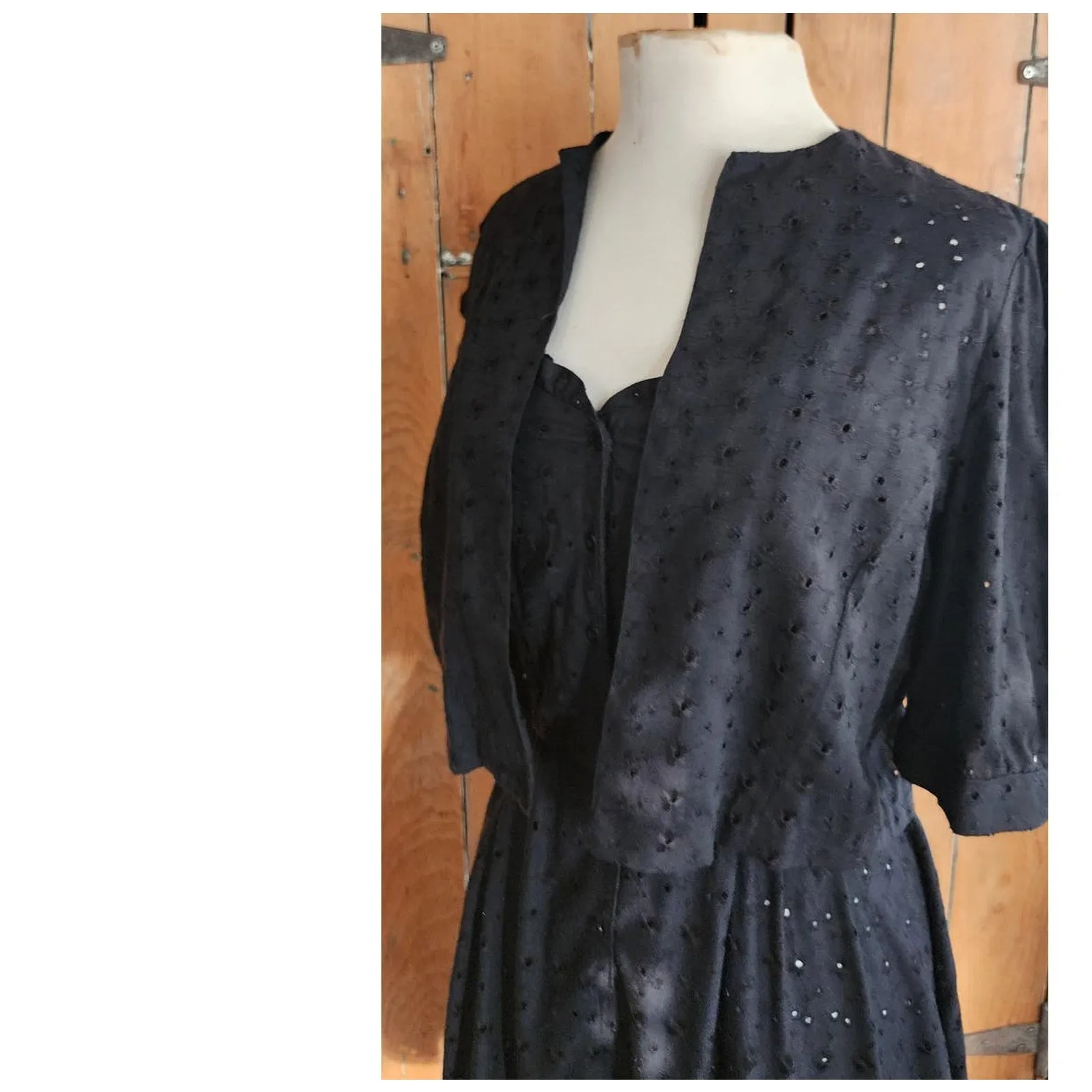 Vintage 70s Black Eyelet Lace Dress   Bolero Jacket Set Chetta B by Peter Noviello