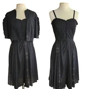 Vintage 70s Black Eyelet Lace Dress   Bolero Jacket Set Chetta B by Peter Noviello