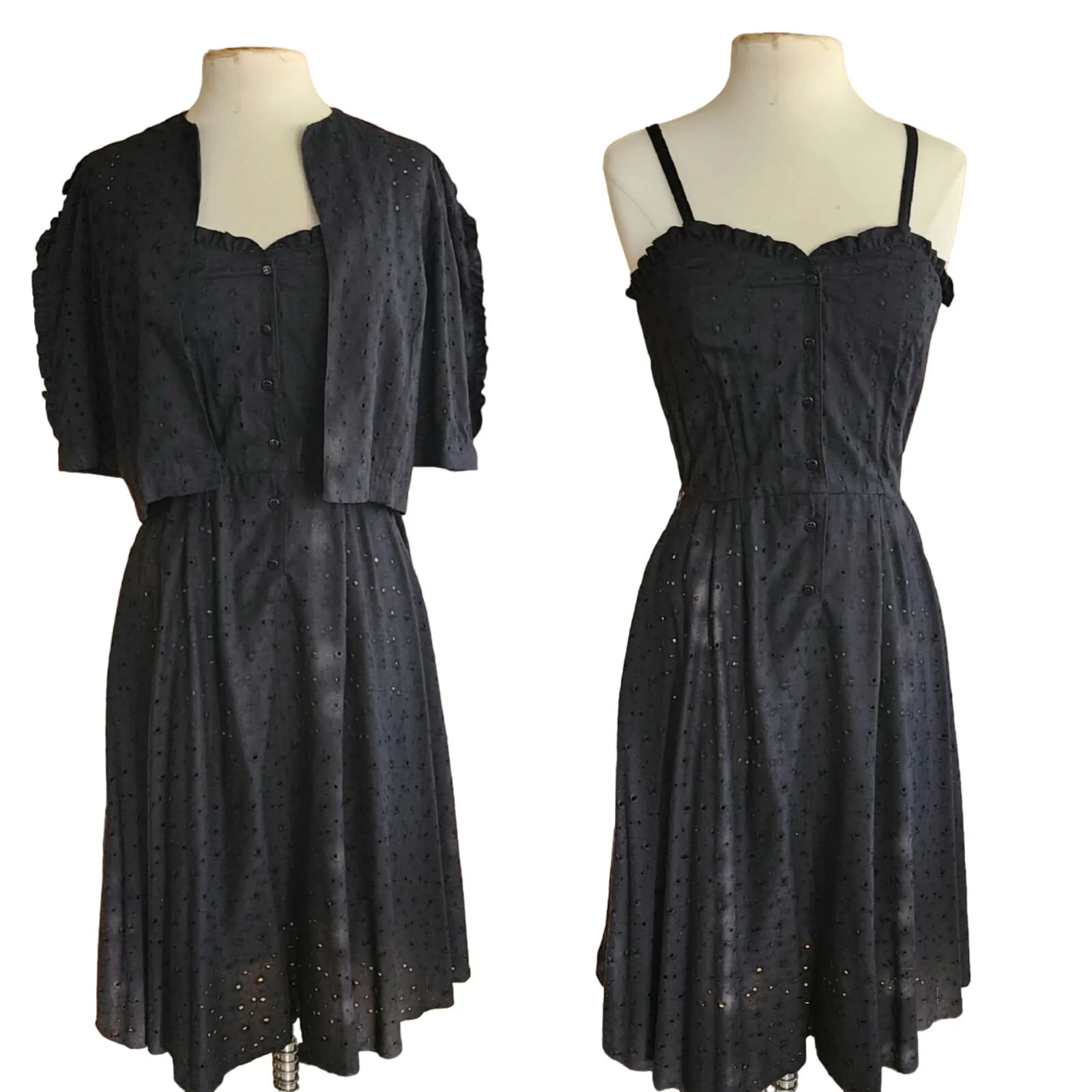 Vintage 70s Black Eyelet Lace Dress   Bolero Jacket Set Chetta B by Peter Noviello