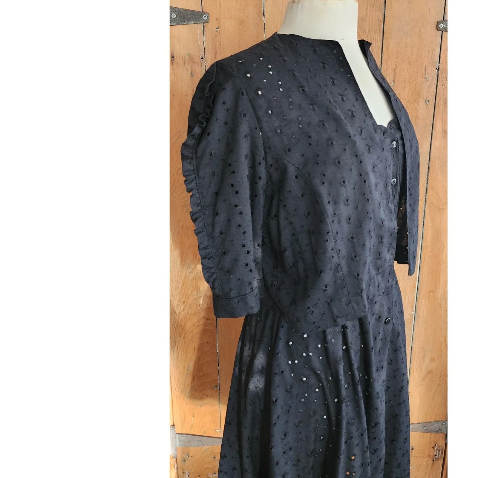 Vintage 70s Black Eyelet Lace Dress   Bolero Jacket Set Chetta B by Peter Noviello