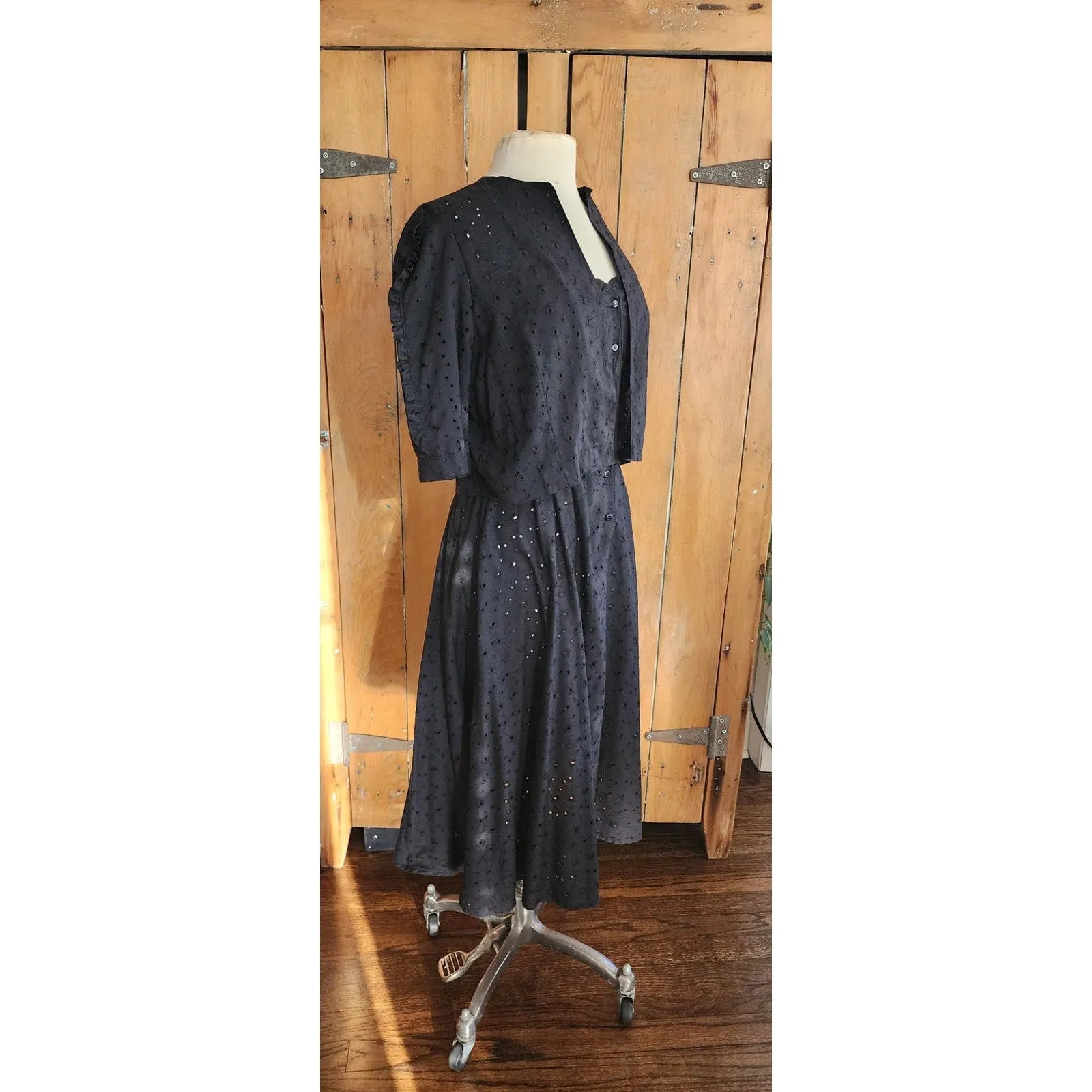 Vintage 70s Black Eyelet Lace Dress   Bolero Jacket Set Chetta B by Peter Noviello