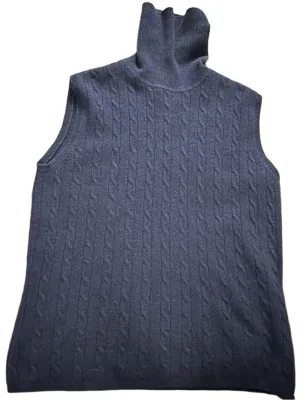 Vintage Country Shop Women's Cashmere Cable Knit Navy Blue Sleeveless Turtleneck - Size Small