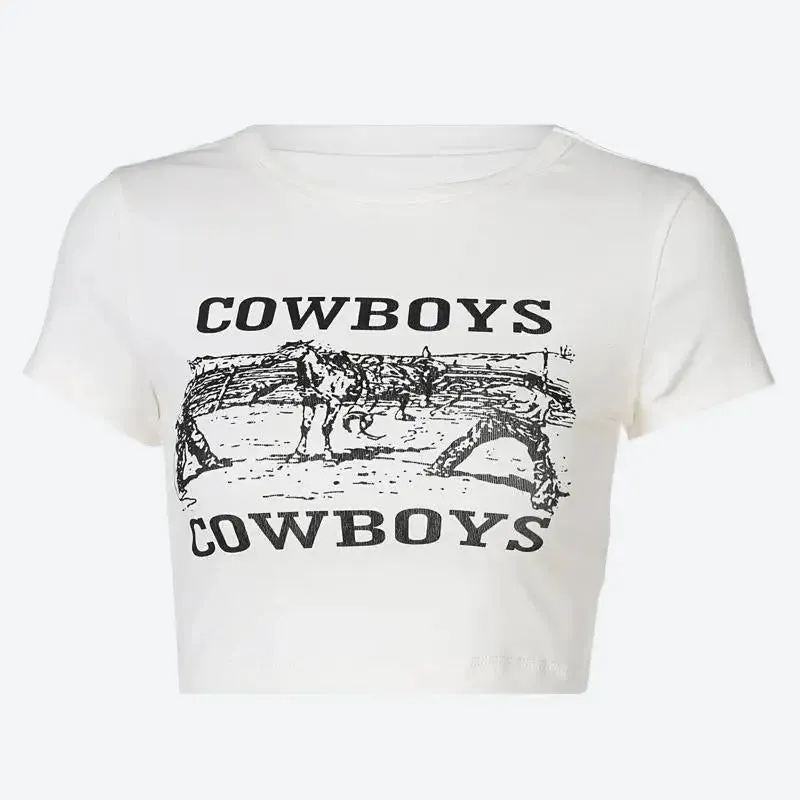 Vintage Cowboy Scene Cropped Tee for Y2K Streetwear Style