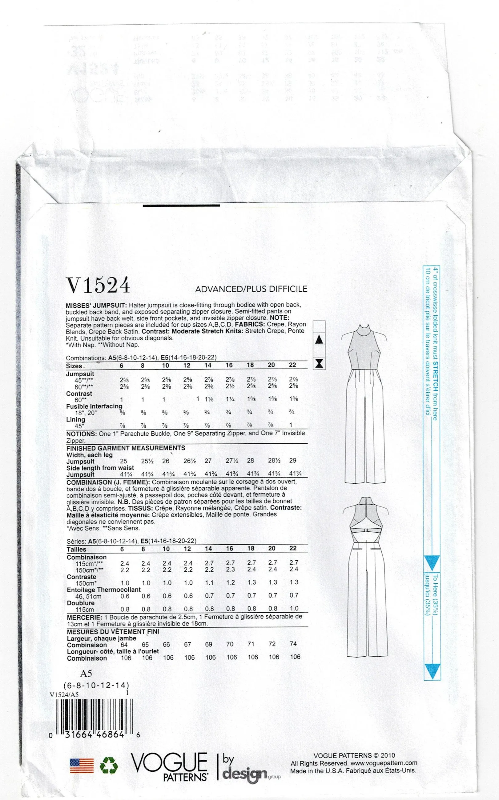 Vogue Designer Original 1524 REBECCA VALLANCE Womens Custom Fit Sleeveless Evening Jumpsuit Out Of Print Sewing Pattern Size 6 - 14 UNCUT Factory Folded