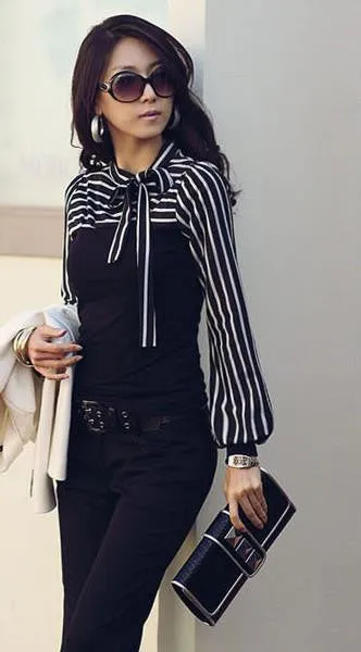 Women Blouse Shirt Fashion Black White Stripe Bowknot Tops Long Sleeve