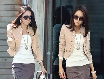Women Double Breasted Jacket Long Sleeve Button Slim Fitted Cropped Top Casual Cardigan Coat Outerwear CL1076
