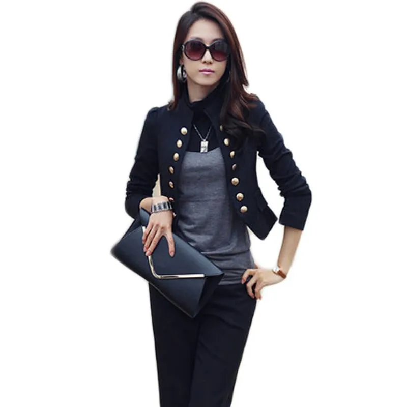 Women Double Breasted Jacket Long Sleeve Button Slim Fitted Cropped Top Casual Cardigan Coat Outerwear CL1076