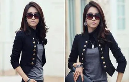 Women Double Breasted Jacket Long Sleeve Button Slim Fitted Cropped Top Casual Cardigan Coat Outerwear CL1076