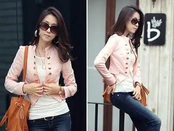 Women Double Breasted Jacket Long Sleeve Button Slim Fitted Cropped Top Casual Cardigan Coat Outerwear CL1076