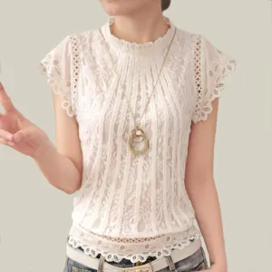 Women Fashion Plus Size Crochet Hollow out Lace Blouse Short Sleeve White Black Slim Tops Shirts