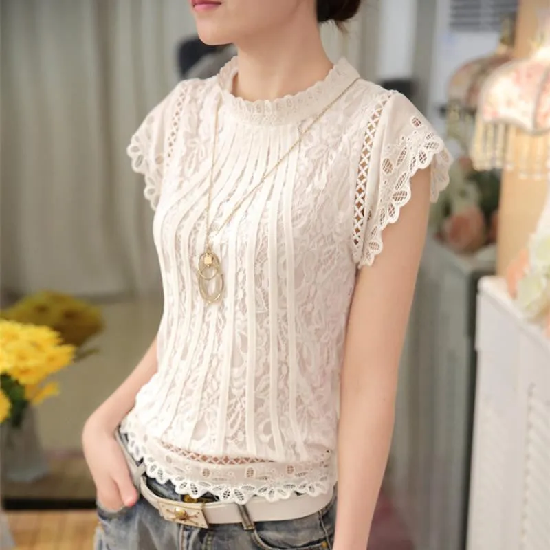 Women Fashion Plus Size Crochet Hollow out Lace Blouse Short Sleeve White Black Slim Tops Shirts