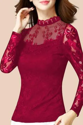 women lace long Sleeve Turtleneck thin female pullover black white tops