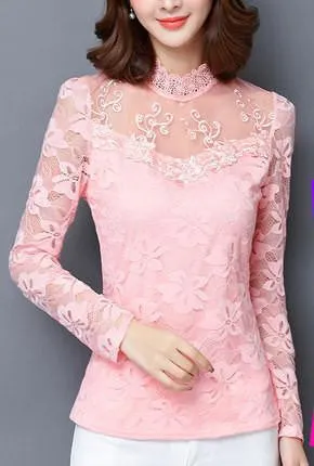 women lace long Sleeve Turtleneck thin female pullover black white tops