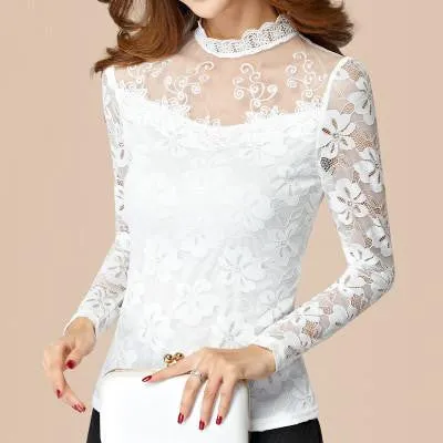 women lace long Sleeve Turtleneck thin female pullover black white tops