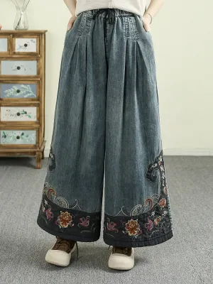 Women Retro Spring Colorblock Embroidery Denim Wide-leg Pants