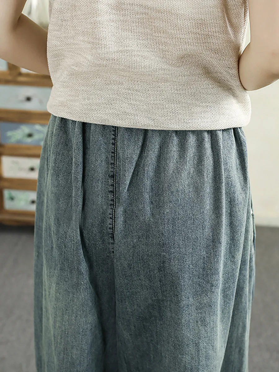 Women Retro Spring Colorblock Embroidery Denim Wide-leg Pants