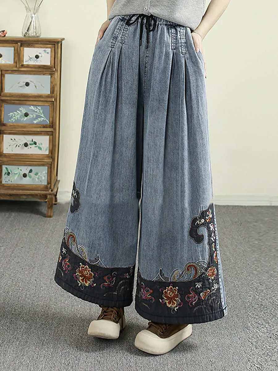 Women Retro Spring Colorblock Embroidery Denim Wide-leg Pants