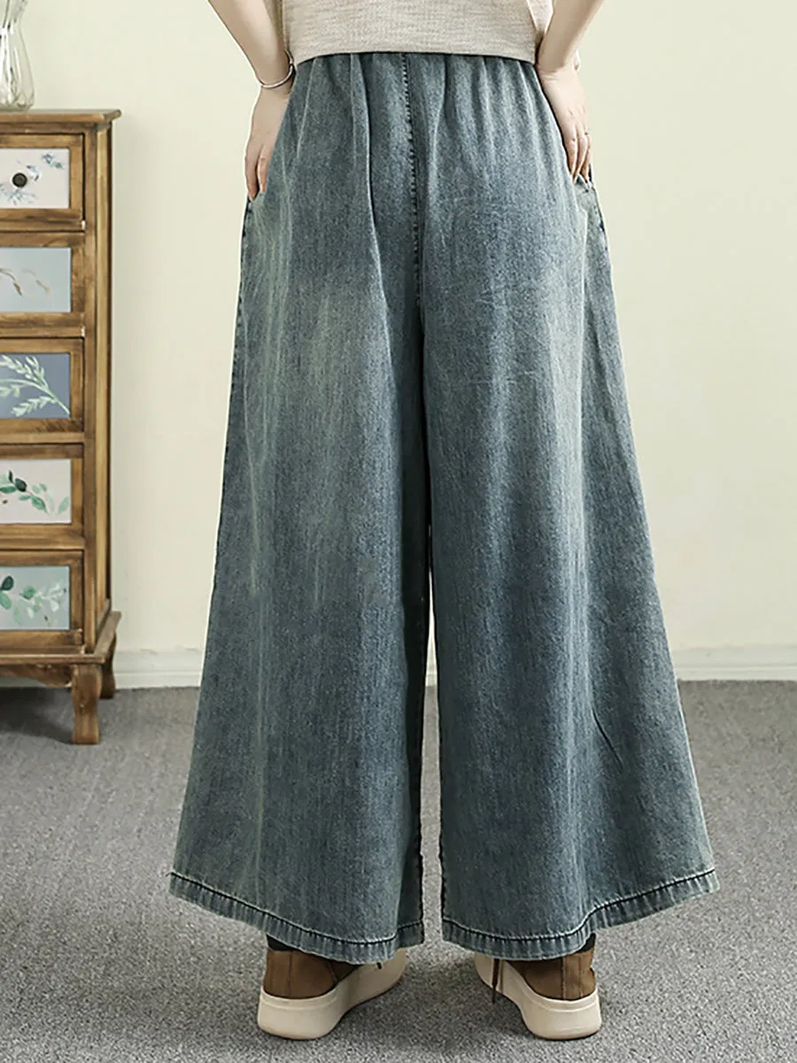 Women Retro Spring Colorblock Embroidery Denim Wide-leg Pants