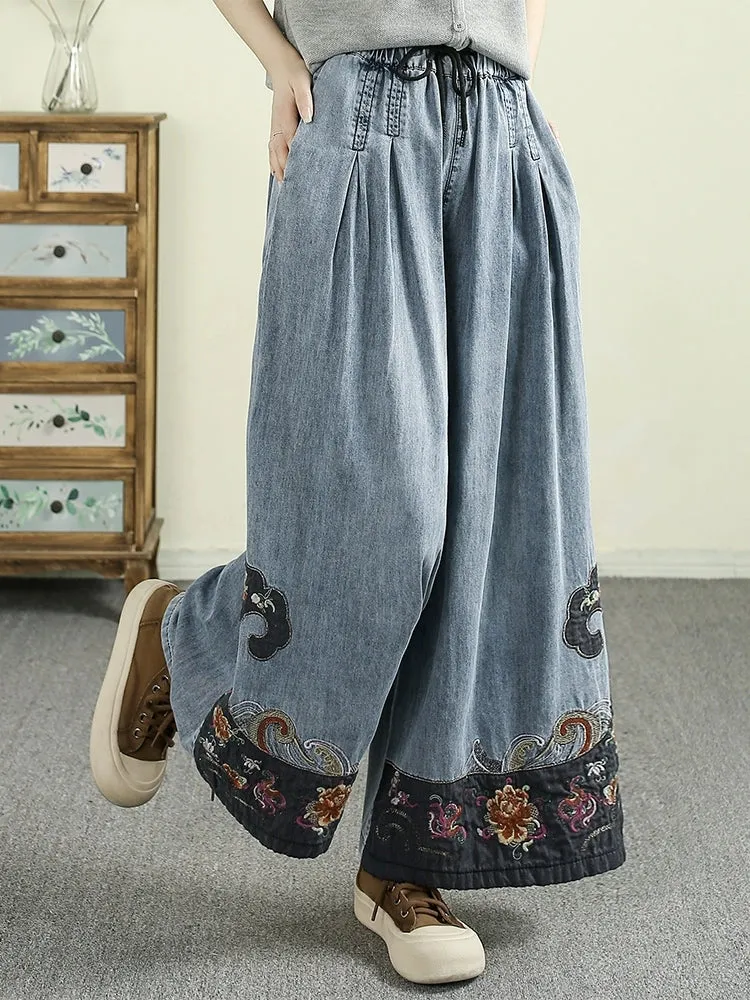 Women Retro Spring Colorblock Embroidery Denim Wide-leg Pants