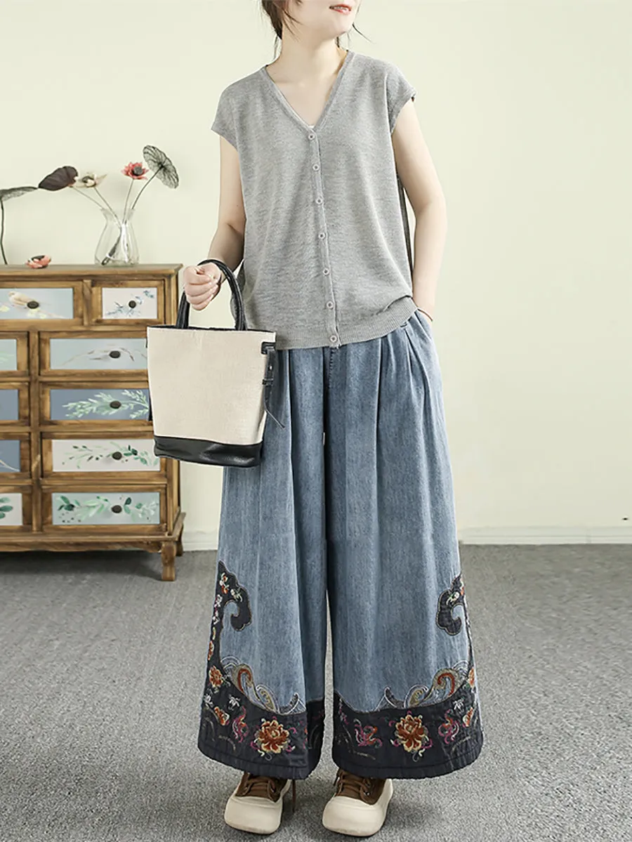 Women Retro Spring Colorblock Embroidery Denim Wide-leg Pants