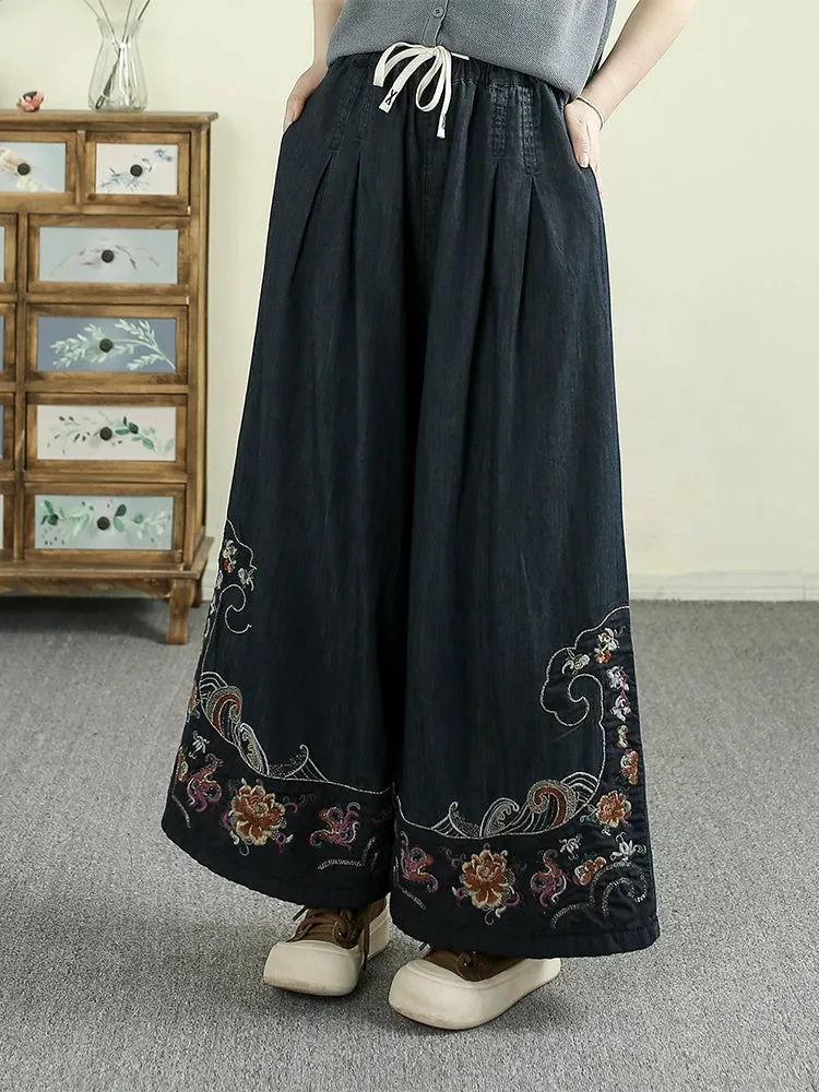 Women Retro Spring Colorblock Embroidery Denim Wide-leg Pants