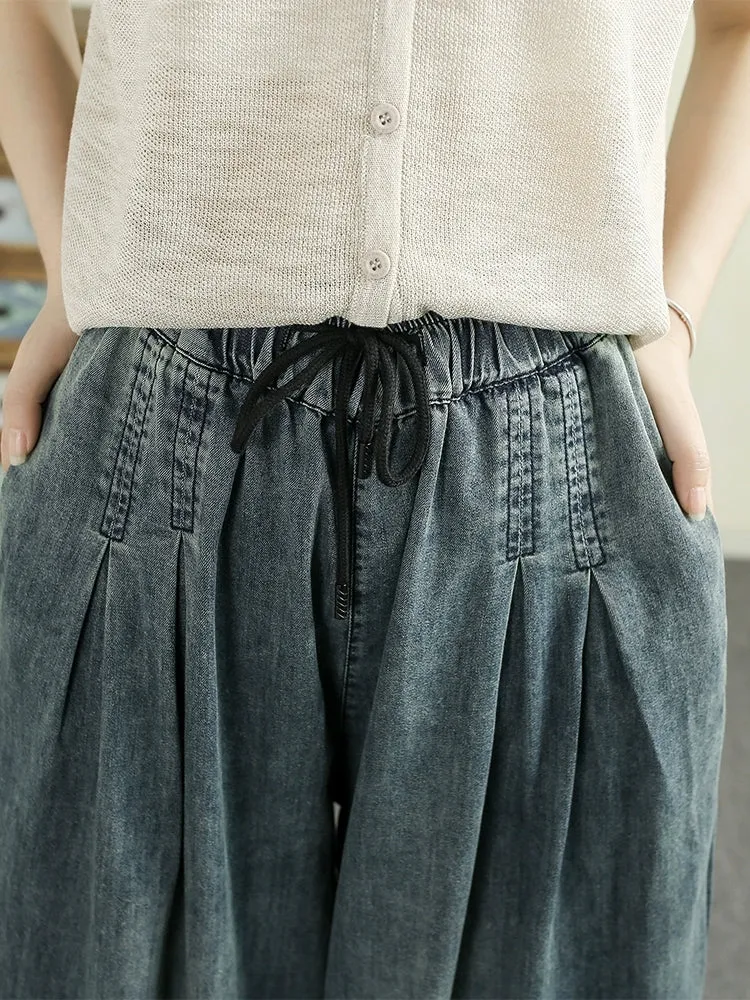 Women Retro Spring Colorblock Embroidery Denim Wide-leg Pants