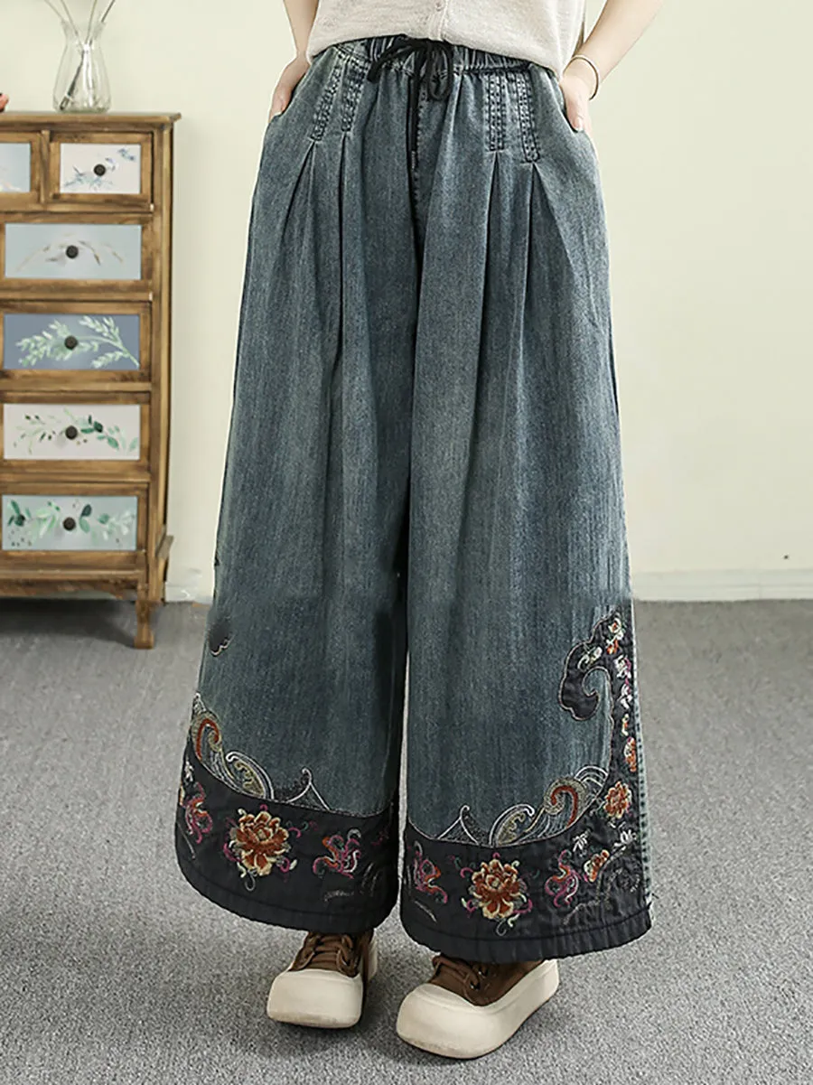 Women Retro Spring Colorblock Embroidery Denim Wide-leg Pants