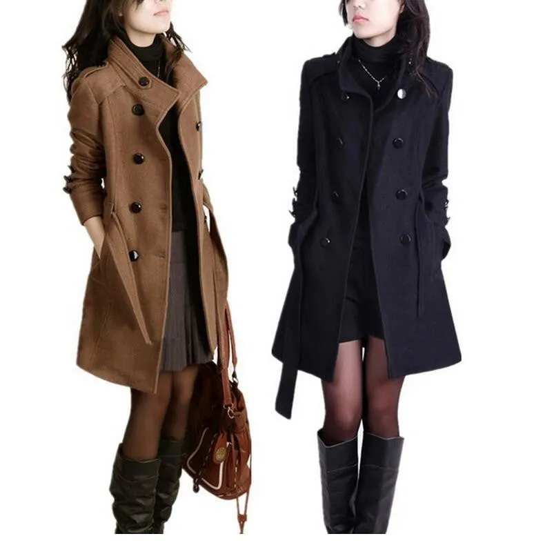 Women Trench Woolen Coat Winter Slim Double Breasted Overcoat Winter Coats Long Outerwear for Women Plus Size Coat Y707