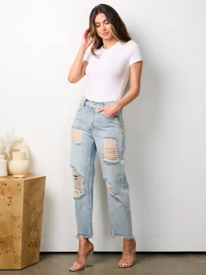 WOMEN'S BUTTON CLOSURE DISTRESSED DENIM WIDE LEG PANTS