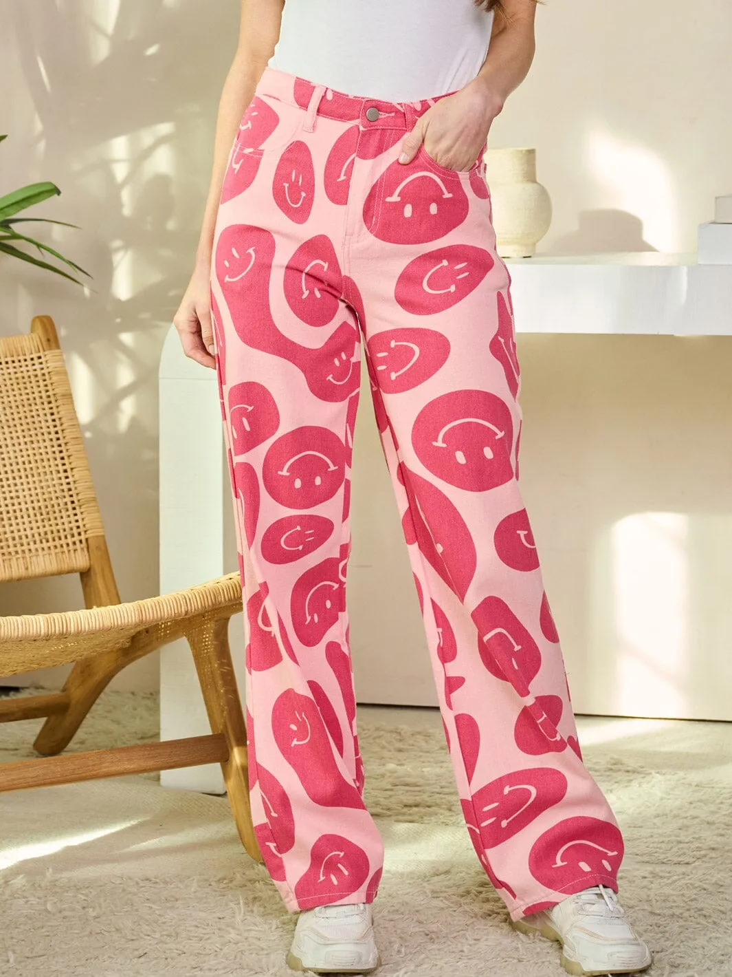 WOMEN'S BUTTON CLOSURE GRAPHIC COLORBLOCK WIDE LEG DENIM PANTS