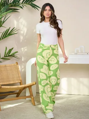 WOMEN'S BUTTON CLOSURE GRAPHIC COLORBLOCK WIDE LEG DENIM PANTS