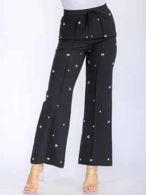 WOMEN'S ELASTIC WAIST SELF TIE STUDS DETAILED WIDE LEG PANTS