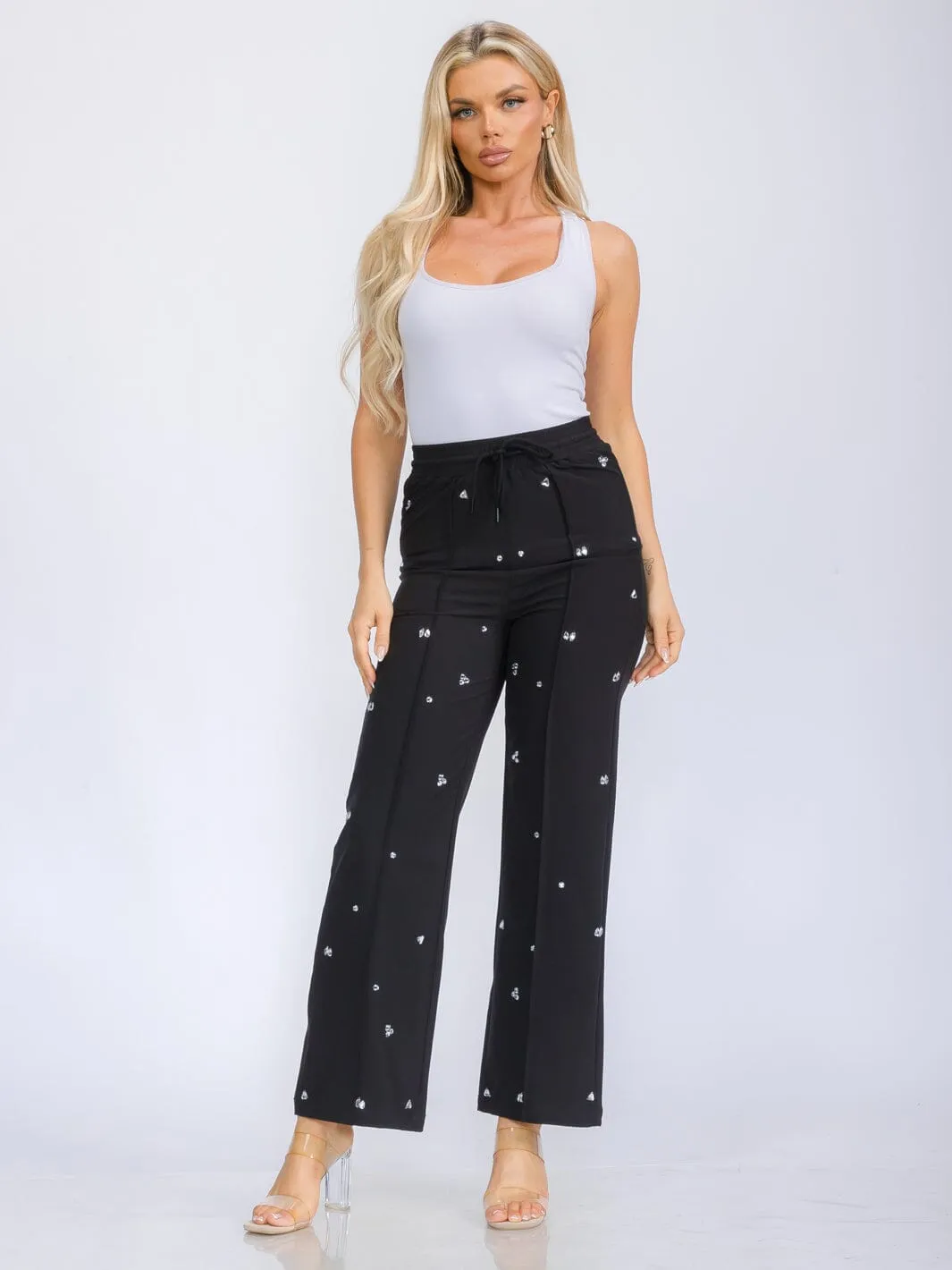 WOMEN'S ELASTIC WAIST SELF TIE STUDS DETAILED WIDE LEG PANTS