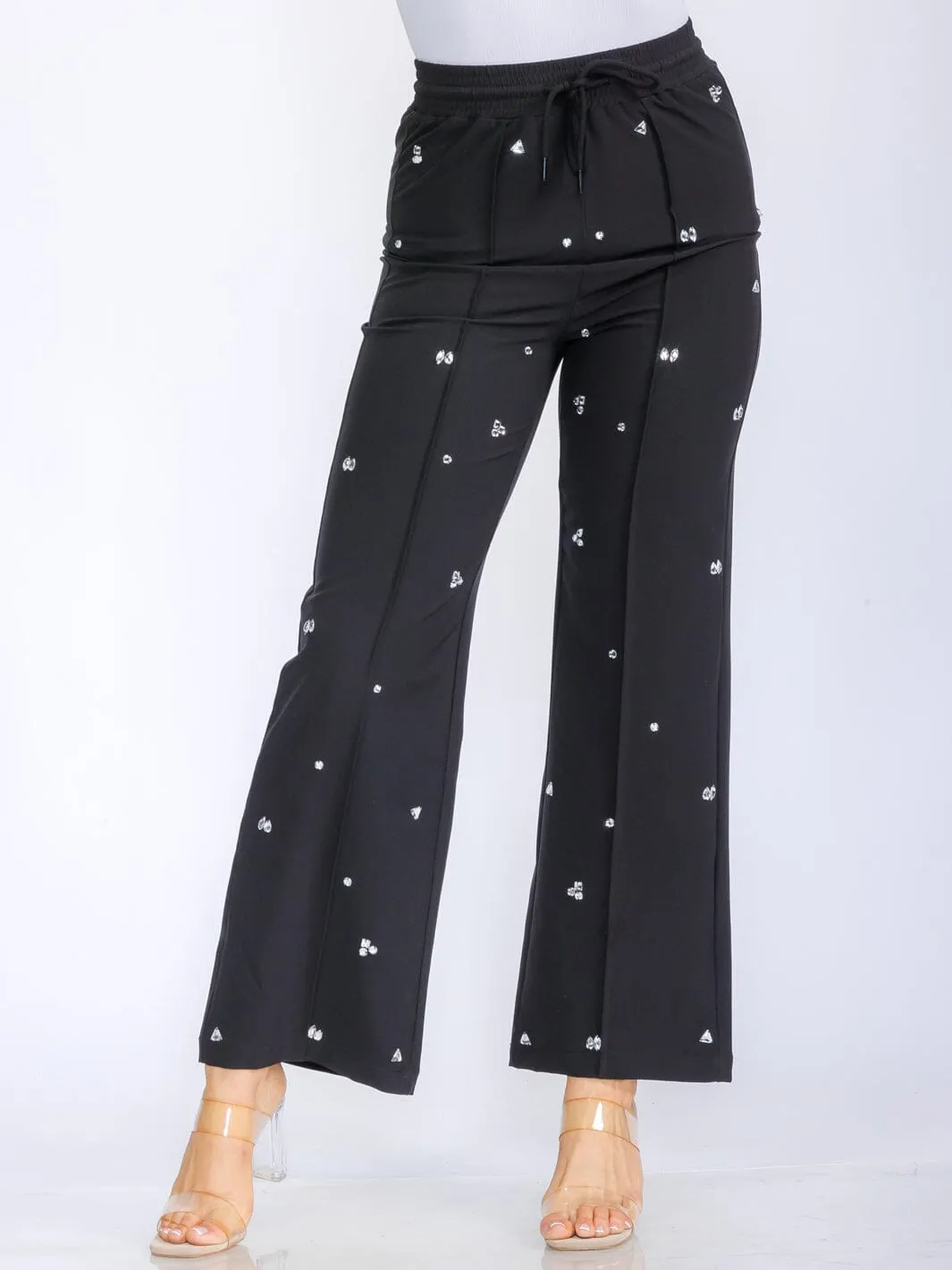 WOMEN'S ELASTIC WAIST SELF TIE STUDS DETAILED WIDE LEG PANTS