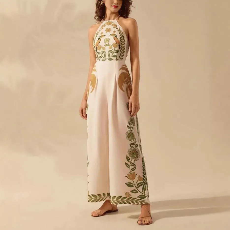 Women's Fashion Printed Sleeveless Halter Wide Leg Jumpsuit