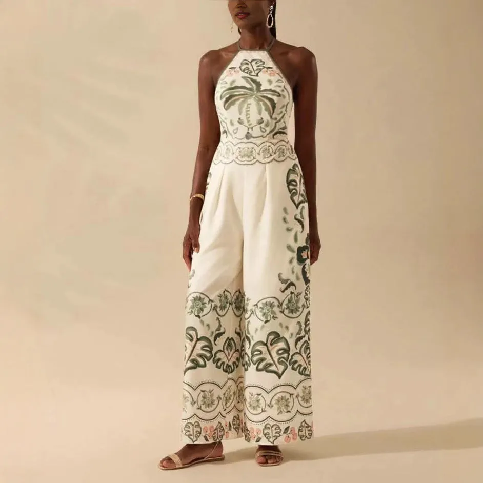 Women's Fashion Printed Sleeveless Halter Wide Leg Jumpsuit