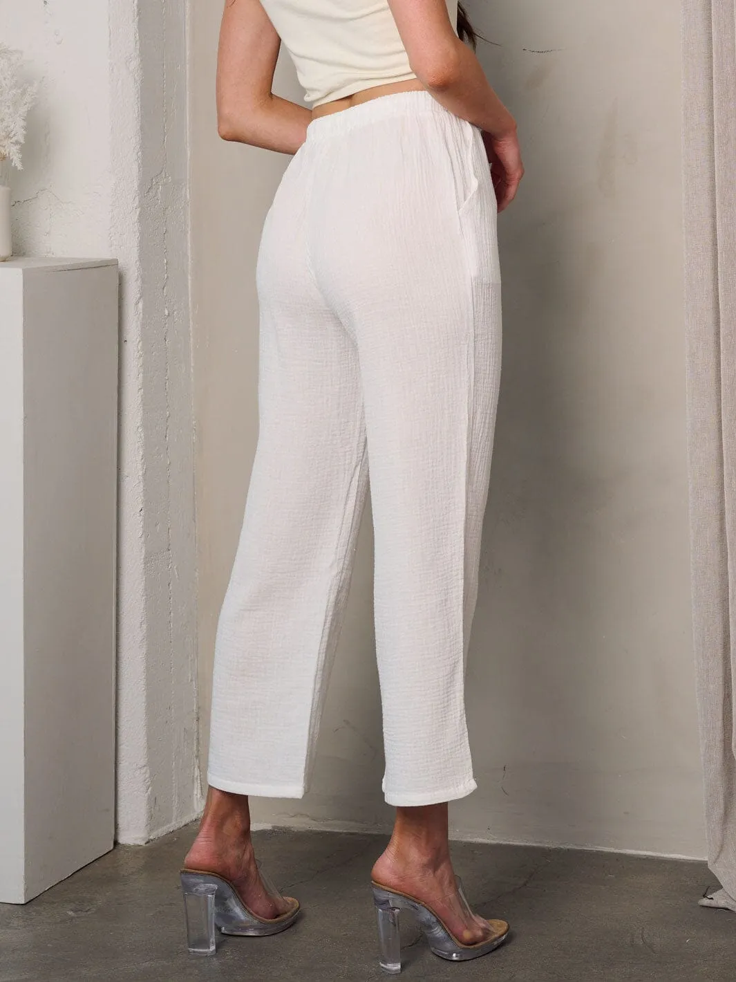 WOMEN'S FRONT TIE POCKETS WIDE LEG CROP PANTS