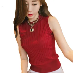 women's tanks high neck sleeveless cotton knitted tank top women fashion sexy tops female top white black vest