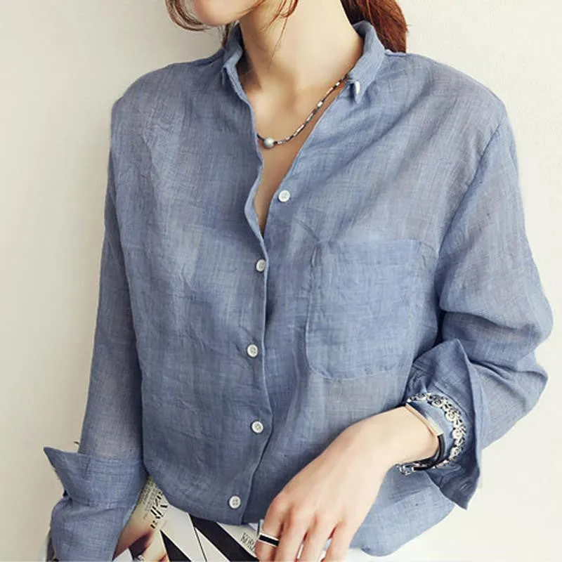 Womens Tops Fashion Linen White Shirt Women Long Sleeve Blouse Korean Woman Clothes