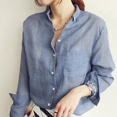 Womens Tops Fashion Linen White Shirt Women Long Sleeve Blouse Korean Woman Clothes