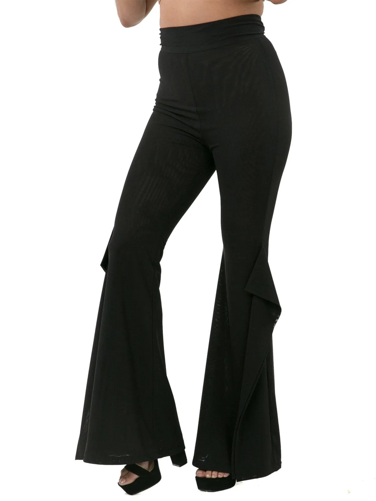 WOMEN'S ZIP UP WIDE LEG RUFFLE DETAILED PANTS